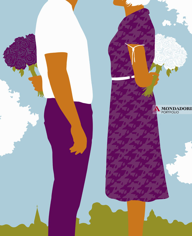 IKON - Una coppia in piedi con dei mazzi di fiori dietro la schiena realizzata da Neil Webb